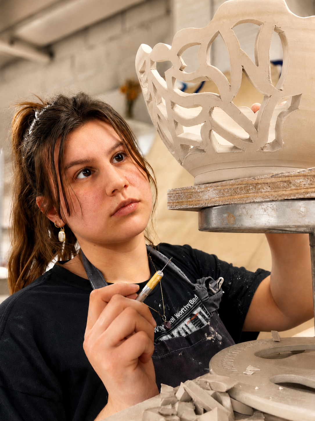 Portrait of Emily, founder of Village Pottery Studio, in her studio apron